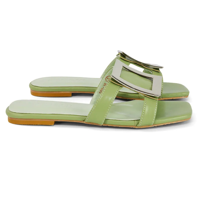 Dulce Cut Out Buckle Detail Strappy Square Toe Flat Slip on Sandal in Mint sold by XYlondon