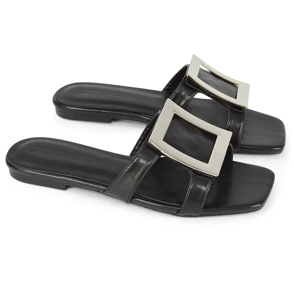 Dulce Cut Out Buckle Detail Strappy Square Toe Flat Slip on Sandal in Black sold by XYlondon product image thumbnail 3