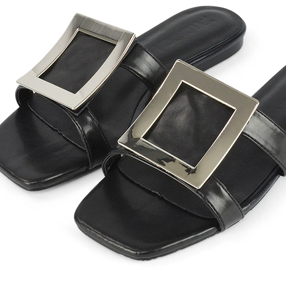 Dulce Cut Out Buckle Detail Strappy Square Toe Flat Slip on Sandal in Black sold by XYlondon product image thumbnail 4