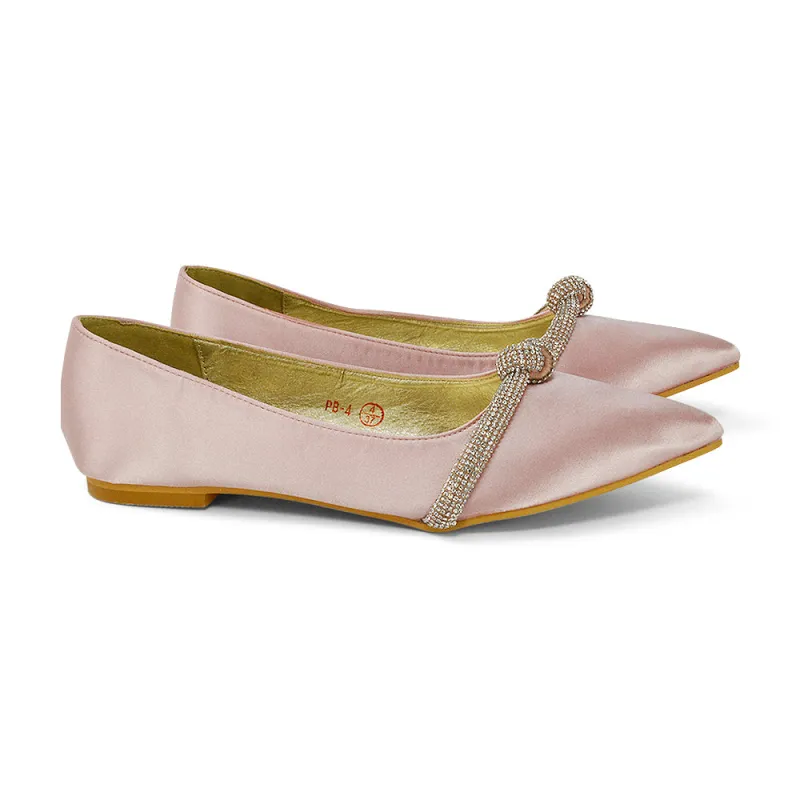 Halley Flat Heel Pointed Toe Sparkly Wedding Embellished Diamante Bridal Pumps in Pink Satin sold by XYlondon