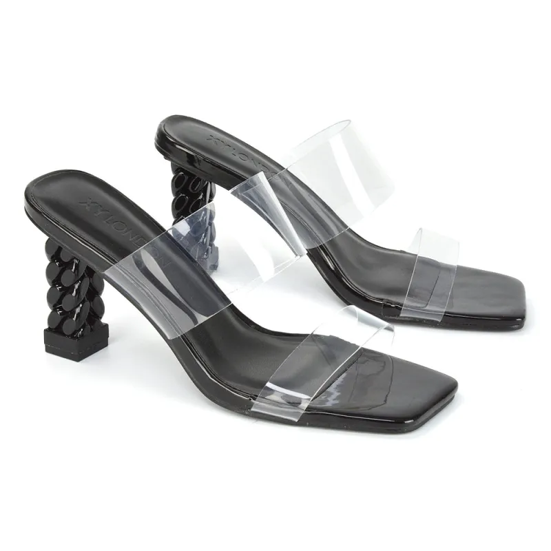 Lucky Square Toe Clear Strap Knot Detail Mid-Block Heel Sandal Mules in Black made by XYlondon