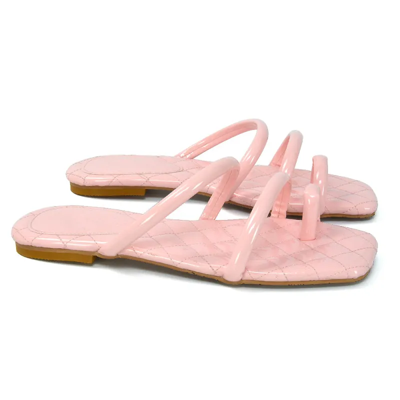 Dionne Quilted Insole Flat Square Toe Slip on Toe Ring Sandal Slides in Pink sold by XYlondon