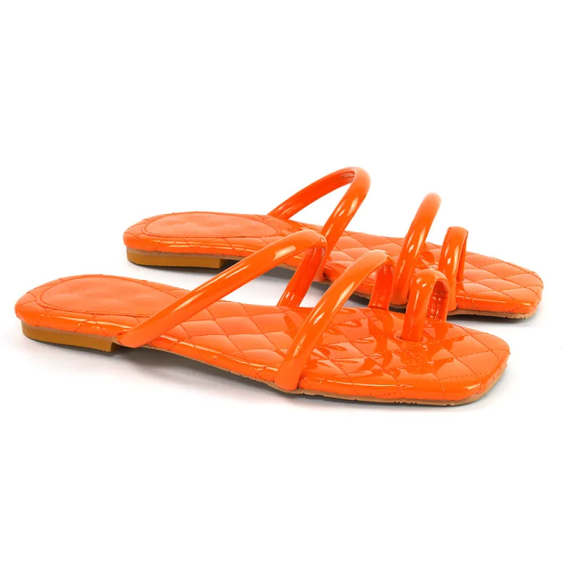 Dionne Quilted Insole Flat Square Toe Slip on Toe Ring Sandal Slides in Orange made by XYlondon