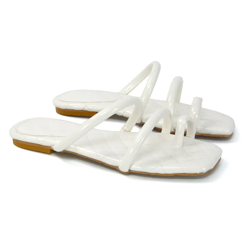 Dionne Quilted Insole Flat Square Toe Slip on Toe Ring Sandal Slides in White sold by XYlondon