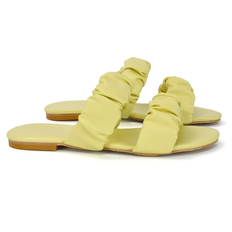 Luca Ruched Double Strap Flat Heel Slider Sandals in Yellow Synthetic Leather sold by XYlondon