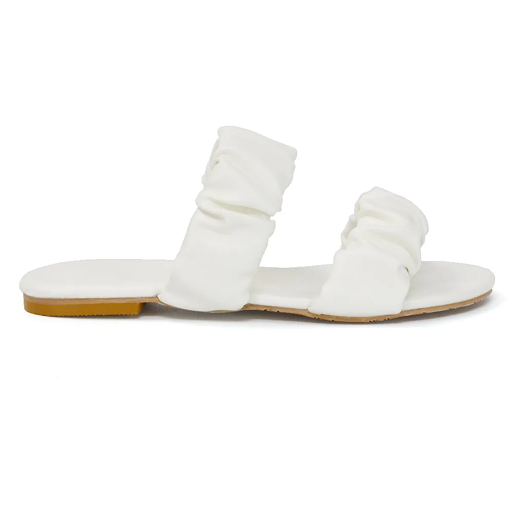 Luca Ruched Double Strap Flat Heel Slider Sandals in White Synthetic Leather sold by XYlondon product image thumbnail 3