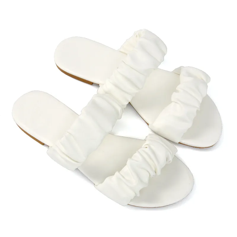 Luca Ruched Double Strap Flat Heel Slider Sandals in White Synthetic Leather sold by XYlondon