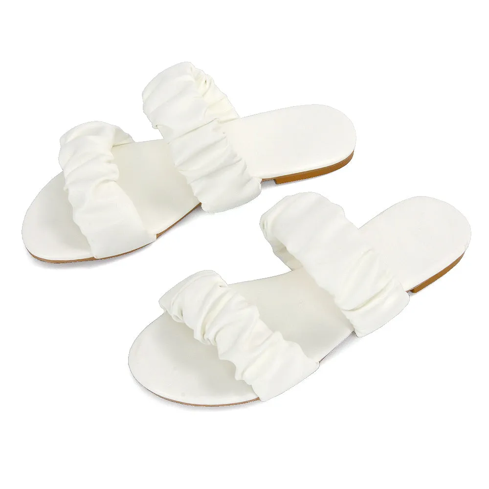 Luca Ruched Double Strap Flat Heel Slider Sandals in White Synthetic Leather sold by XYlondon product image thumbnail 5