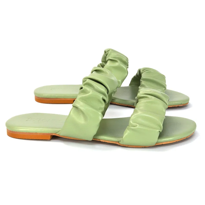 Luca Ruched Double Strap Flat Heel Slider Sandals in Mint Synthetic Leather made by XYlondon