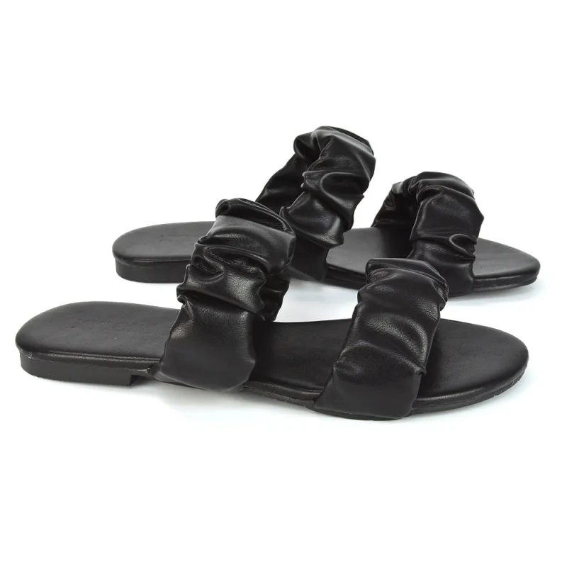 Luca Ruched Double Strap Flat Heel Slider Sandals in Black Synthetic Leather made by XYlondon