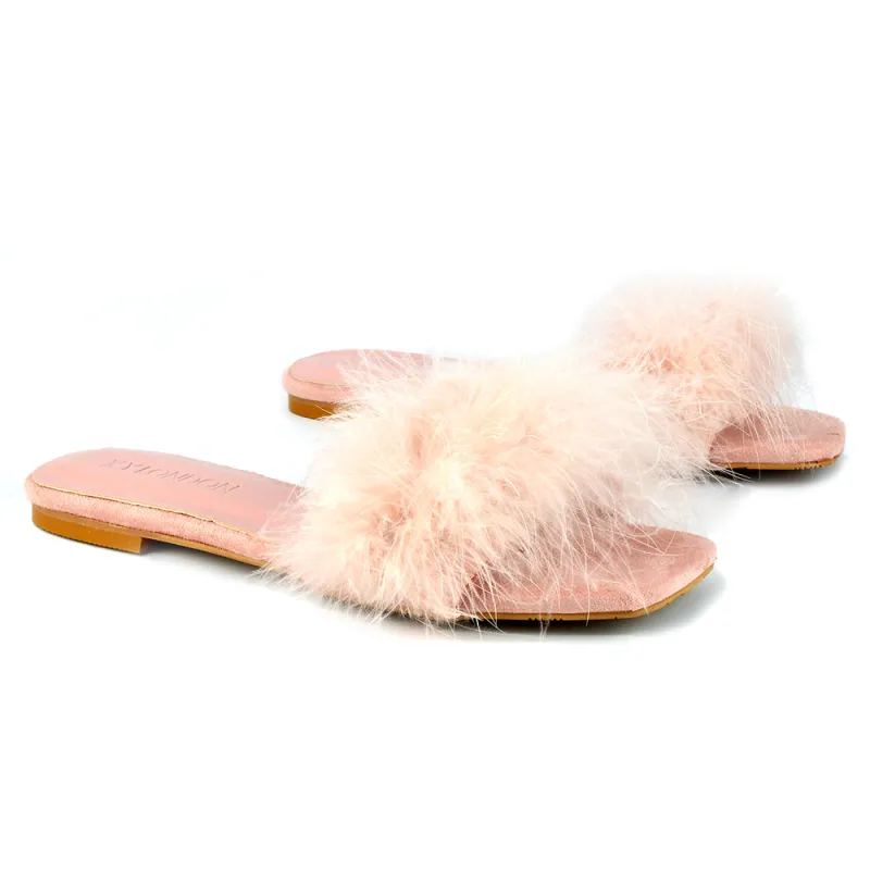 BROOKLYN FLAT FAUX FUR FLUFFY STRAPPY SLIP ON SQUARE TOE SANDAL SLIDERS IN PINK sold by XYlondon