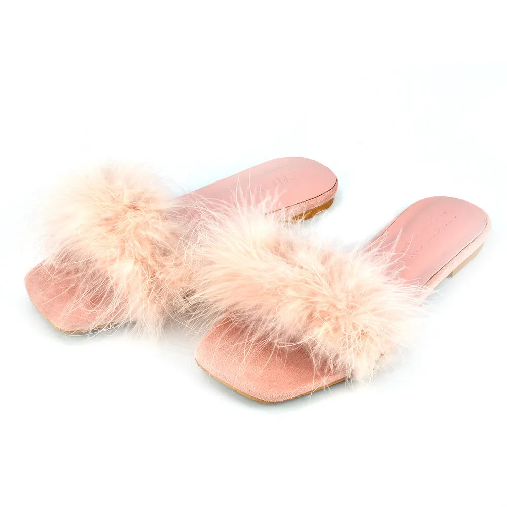 BROOKLYN FLAT FAUX FUR FLUFFY STRAPPY SLIP ON SQUARE TOE SANDAL SLIDERS IN PINK sold by XYlondon product image thumbnail 3