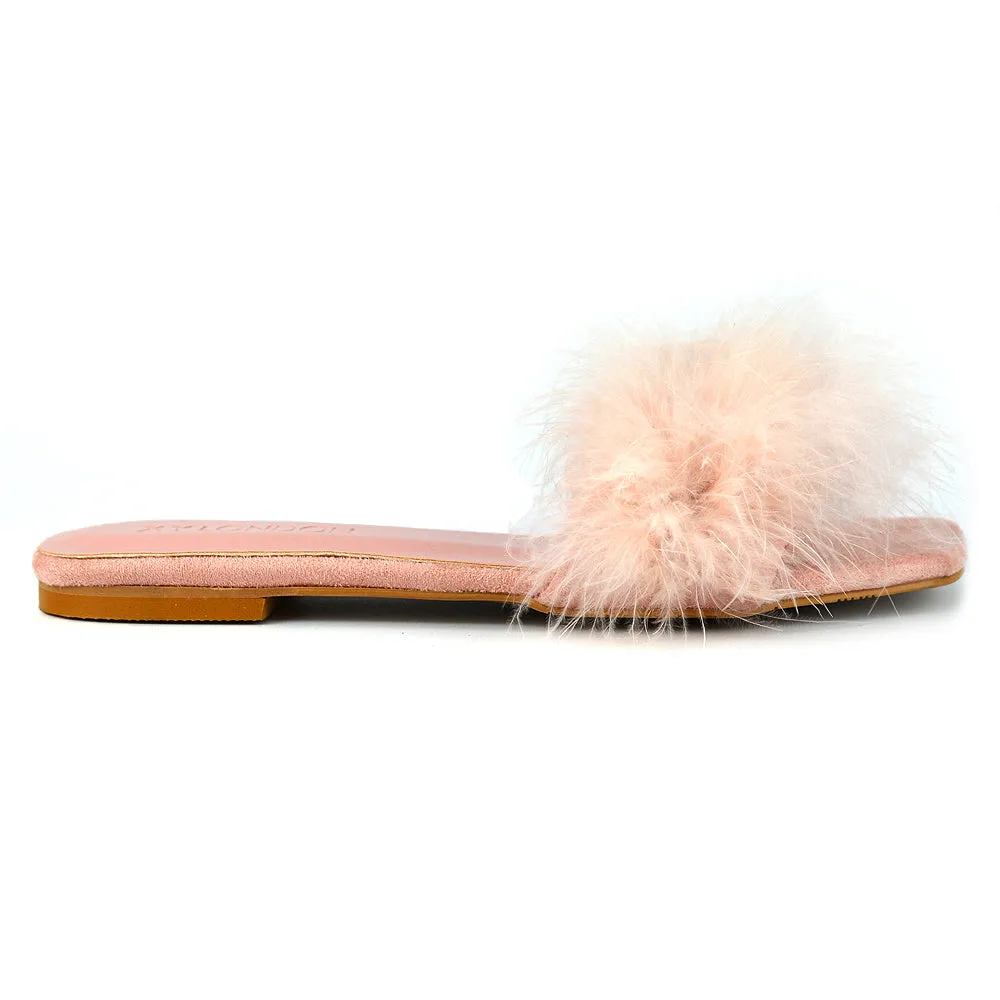 BROOKLYN FLAT FAUX FUR FLUFFY STRAPPY SLIP ON SQUARE TOE SANDAL SLIDERS IN PINK sold by XYlondon product image thumbnail 2