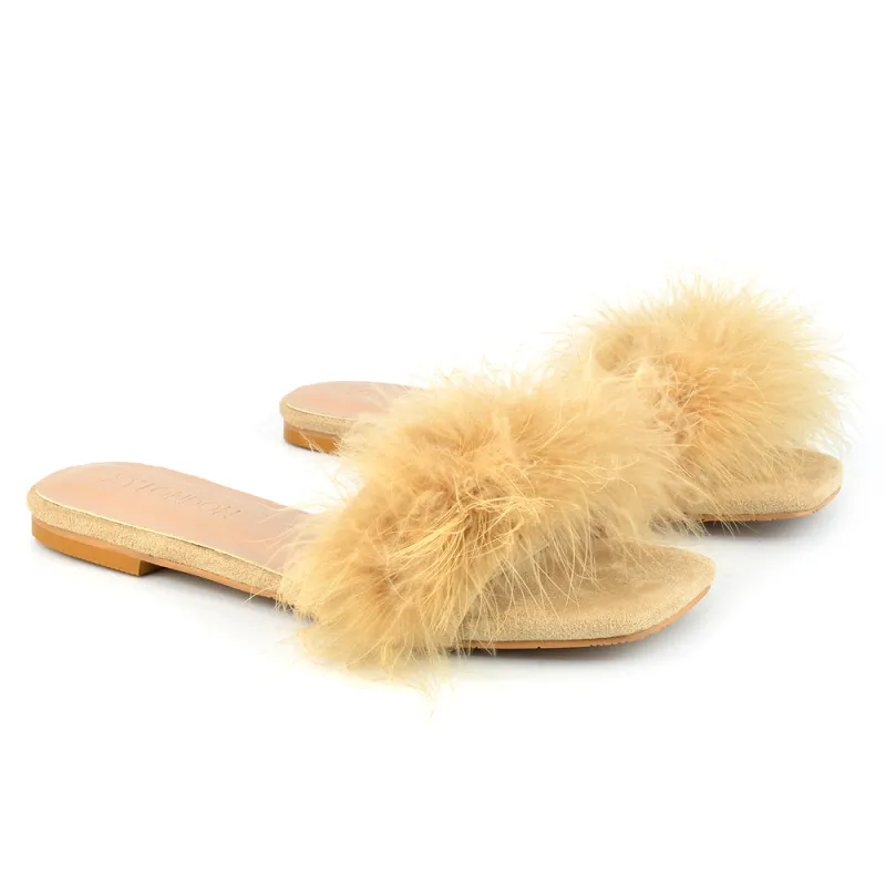 Brooklyn Flat Faux Fur Fluffy Strappy Slip On Square Toe Sandal Sliders In Nude sold by XYlondon