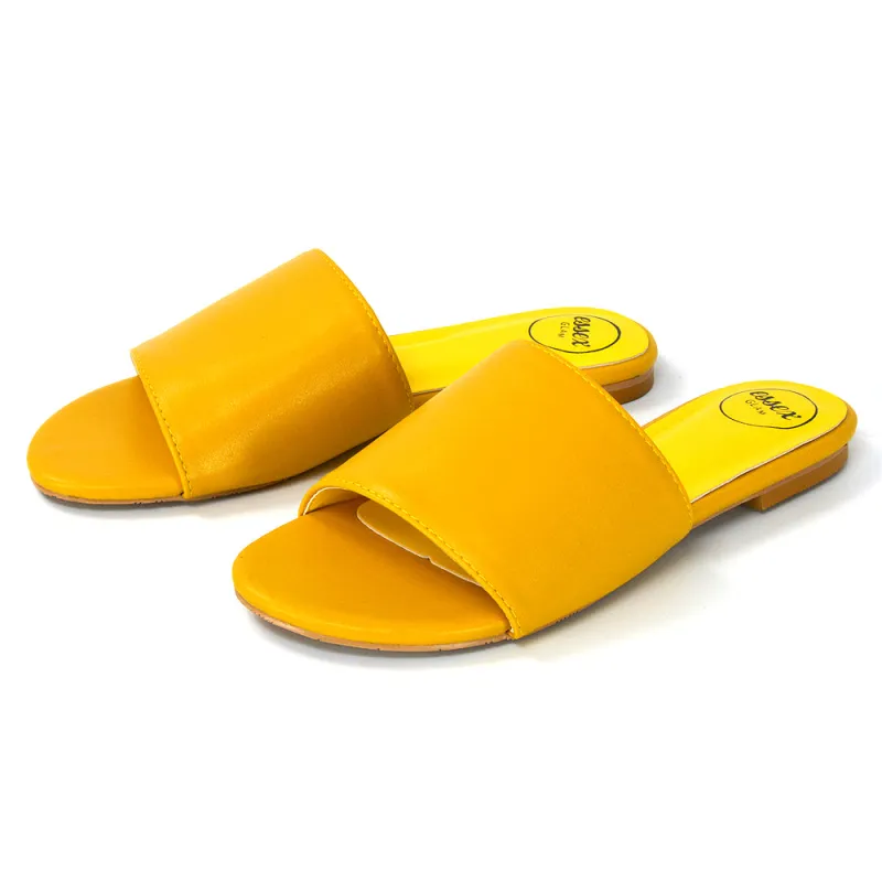 Peony Flat Strappy Slip on Slider Summer Sandals in Mustard Synthetic Leather sold by XYlondon