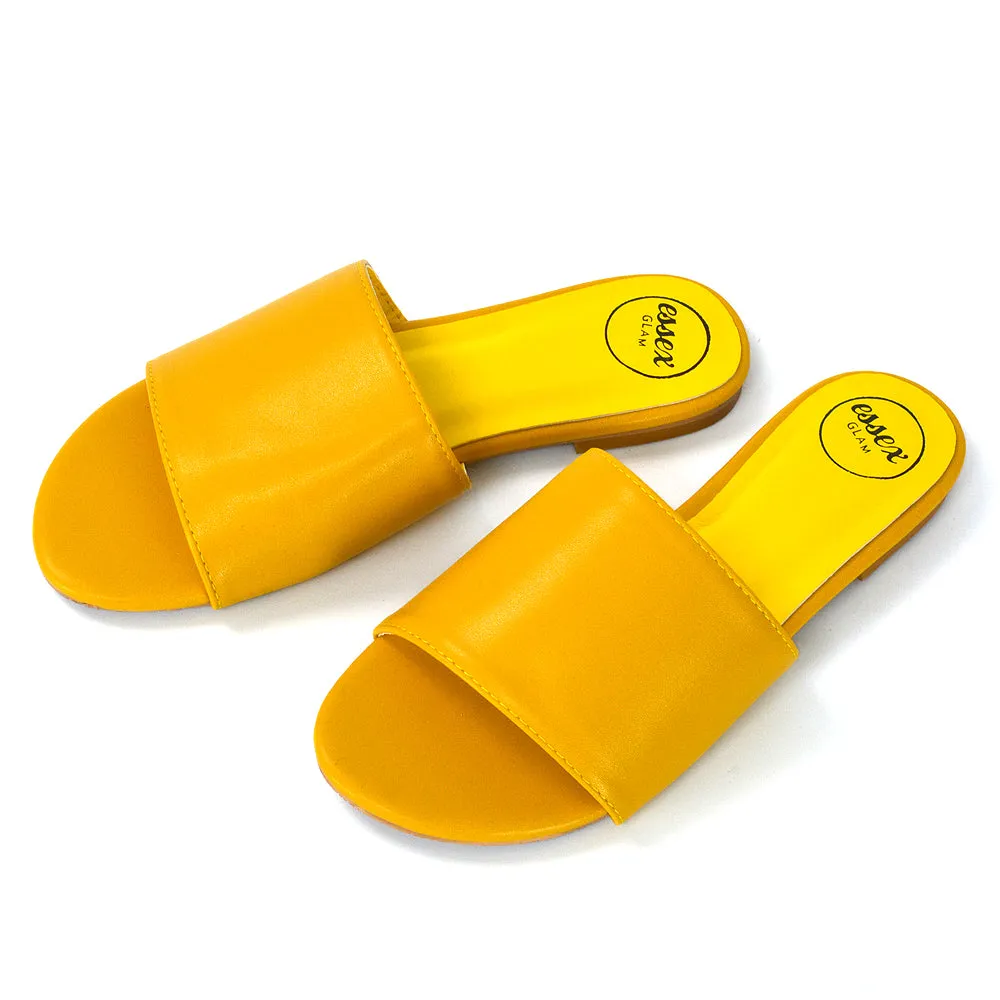 Peony Flat Strappy Slip on Slider Summer Sandals in Mustard Synthetic Leather sold by XYlondon product image thumbnail 4