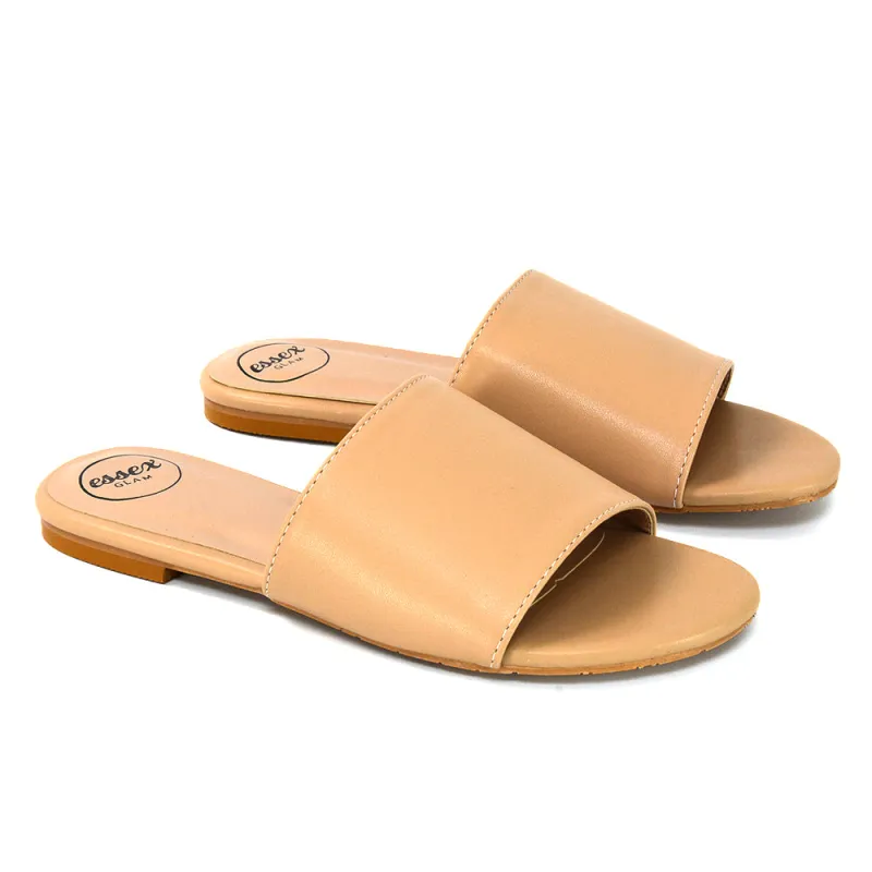 Peony Flat Strappy Slip on Slider Summer Sandals in Nude Synthetic Leather sold by XYlondon