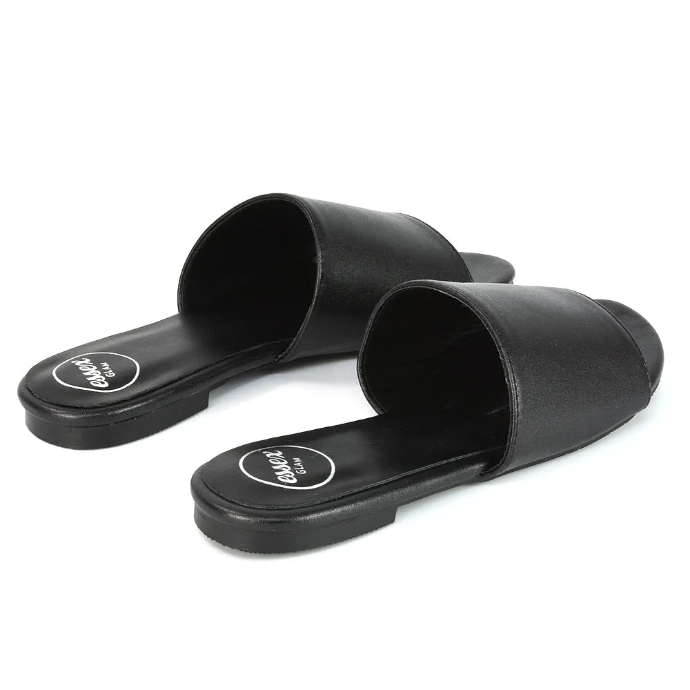 Peony Flat Strappy Slip on Slider Summer Sandals in Black Synthetic Leather sold by XYlondon product image thumbnail 5