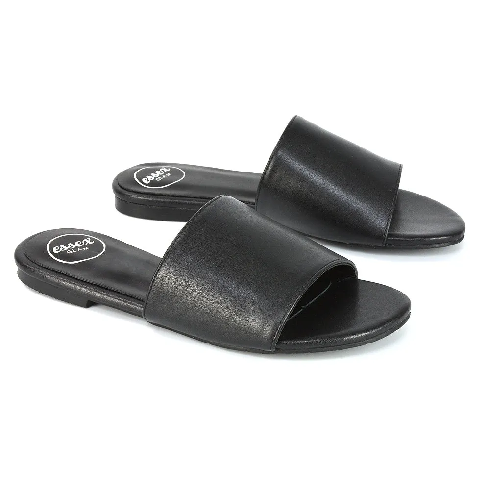 Peony Flat Strappy Slip on Slider Summer Sandals in Black Synthetic Leather sold by XYlondon