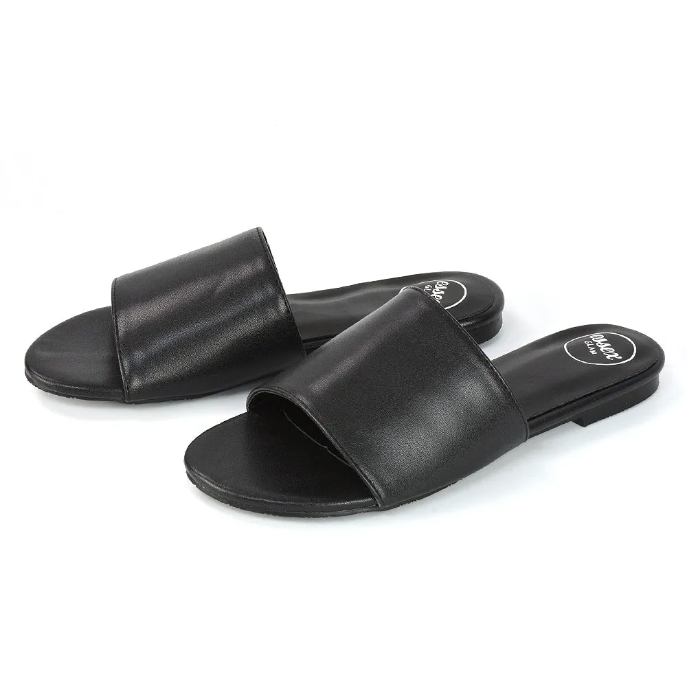 Peony Flat Strappy Slip on Slider Summer Sandals in Black Synthetic Leather sold by XYlondon product image thumbnail 4