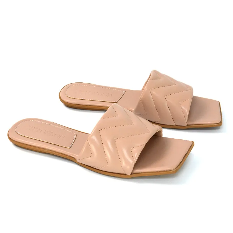 CHERRY QUILTED STRAPPY SQUARE TOE SLIDER SLIP ON SANDALS IN NUDE SYNTHETIC LEATHER sold by XYlondon