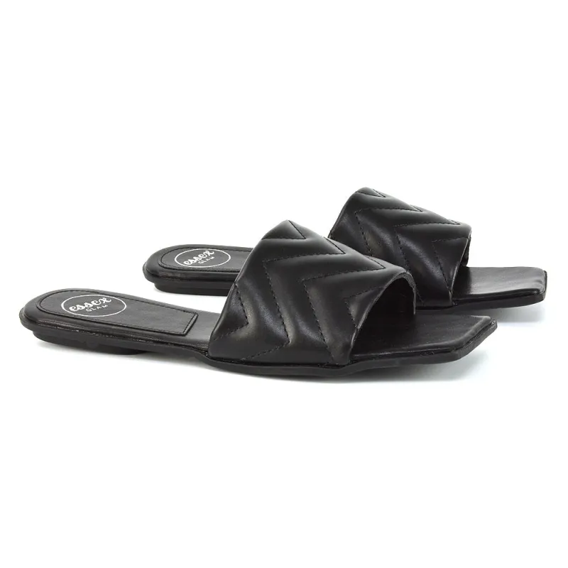 CHERRY QUILTED STRAPPY SQUARE TOE SLIDER SLIP ON SANDALS IN BLACK SYNTHETIC LEATHER sold by XYlondon