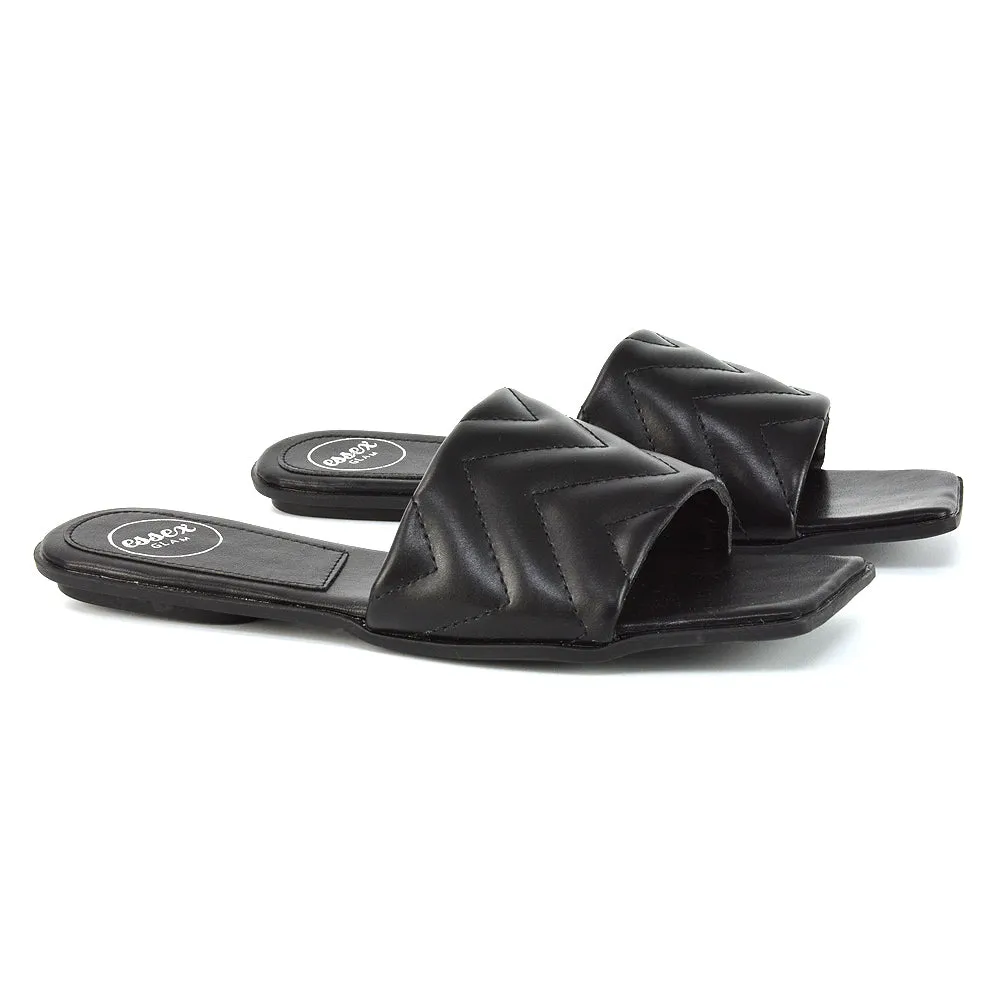 CHERRY QUILTED STRAPPY SQUARE TOE SLIDER SLIP ON SANDALS IN BLACK SYNTHETIC LEATHER sold by XYlondon
