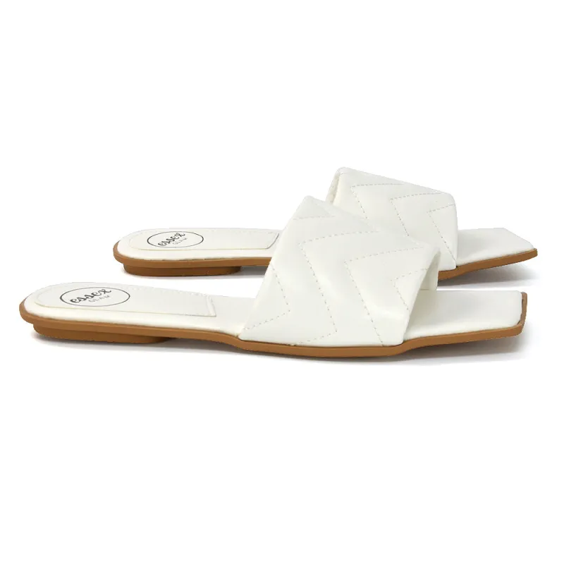CHERRY QUILTED STRAPPY SQUARE TOE SLIDER SLIP ON SANDALS IN WHITE SYNTHETIC LEATHER sold by XYlondon