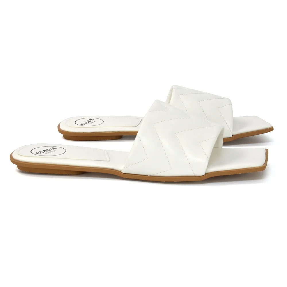 CHERRY QUILTED STRAPPY SQUARE TOE SLIDER SLIP ON SANDALS IN WHITE SYNTHETIC LEATHER sold by XYlondon