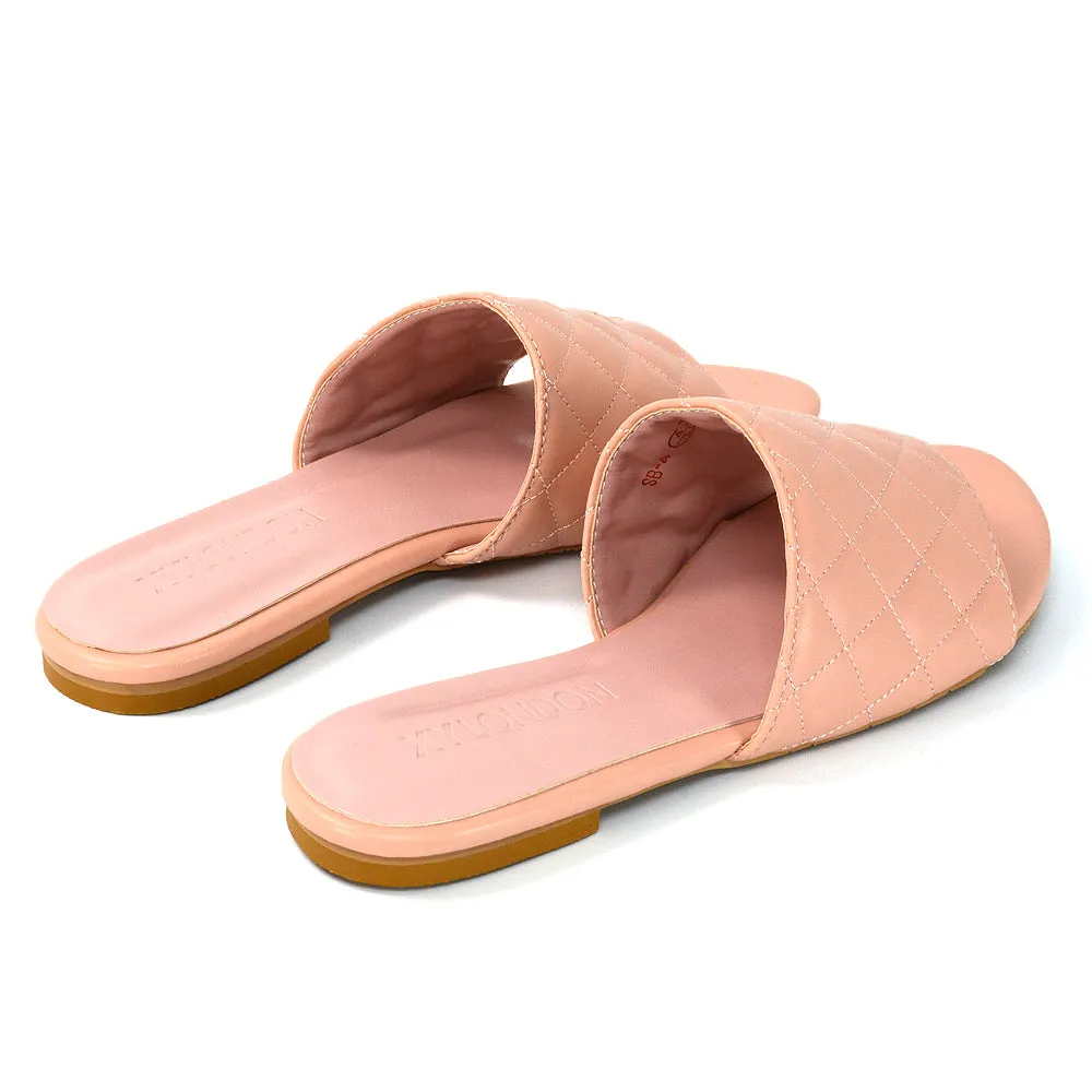 Saylor Quilted Strappy Flat Slider Summer Holiday Sandals in Pink Synthetic Leather sold by XYlondon