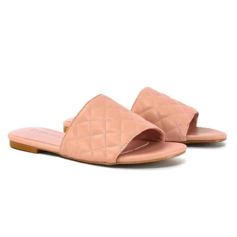 Saylor Quilted Strappy Flat Slider Summer Holiday Sandals in Pink Synthetic Leather sold by XYlondon product image thumbnail 5