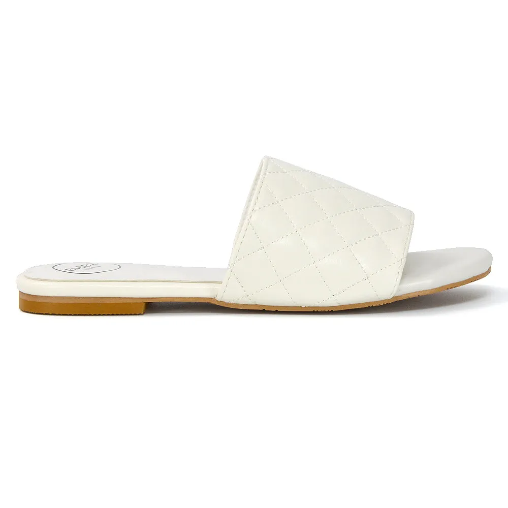 Saylor Quilted Detail Strappy Holiday Sandal Flat Sliders in White Synthetic Leather sold by XYlondon product image thumbnail 3