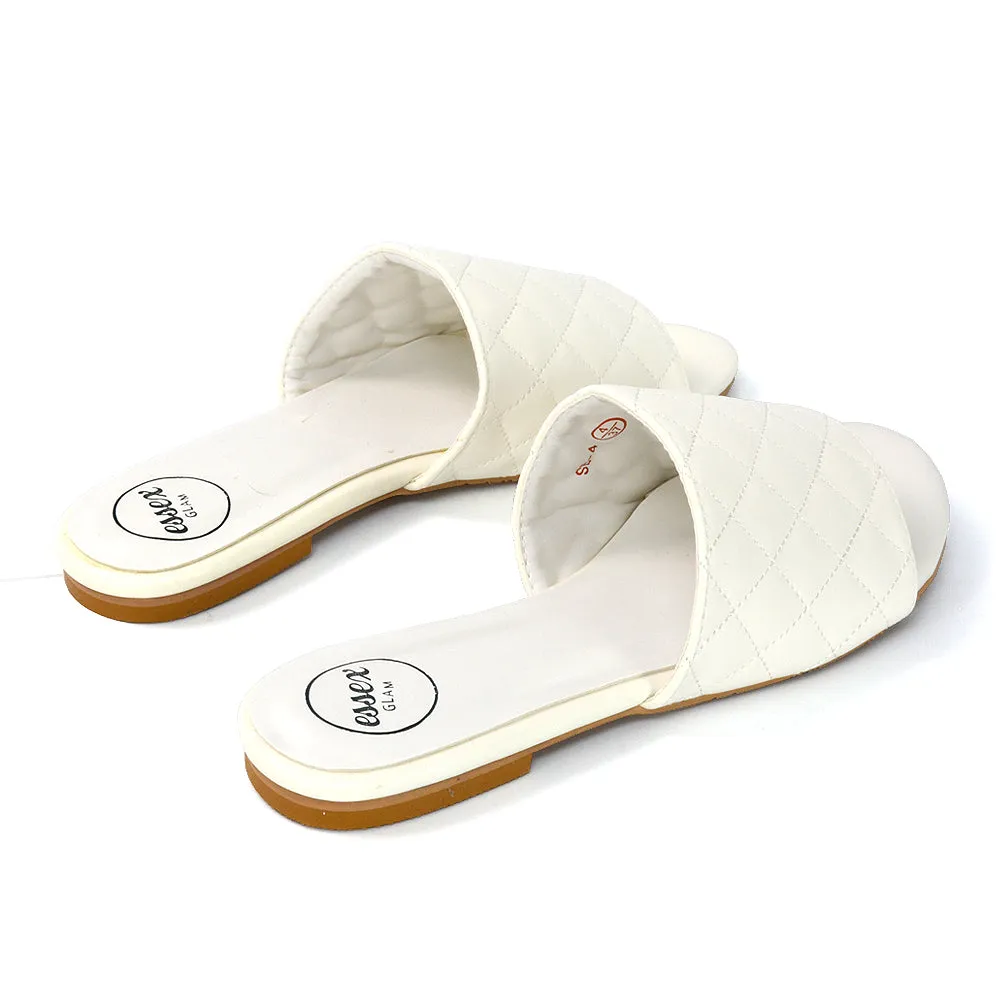 Saylor Quilted Detail Strappy Holiday Sandal Flat Sliders in White Synthetic Leather sold by XYlondon