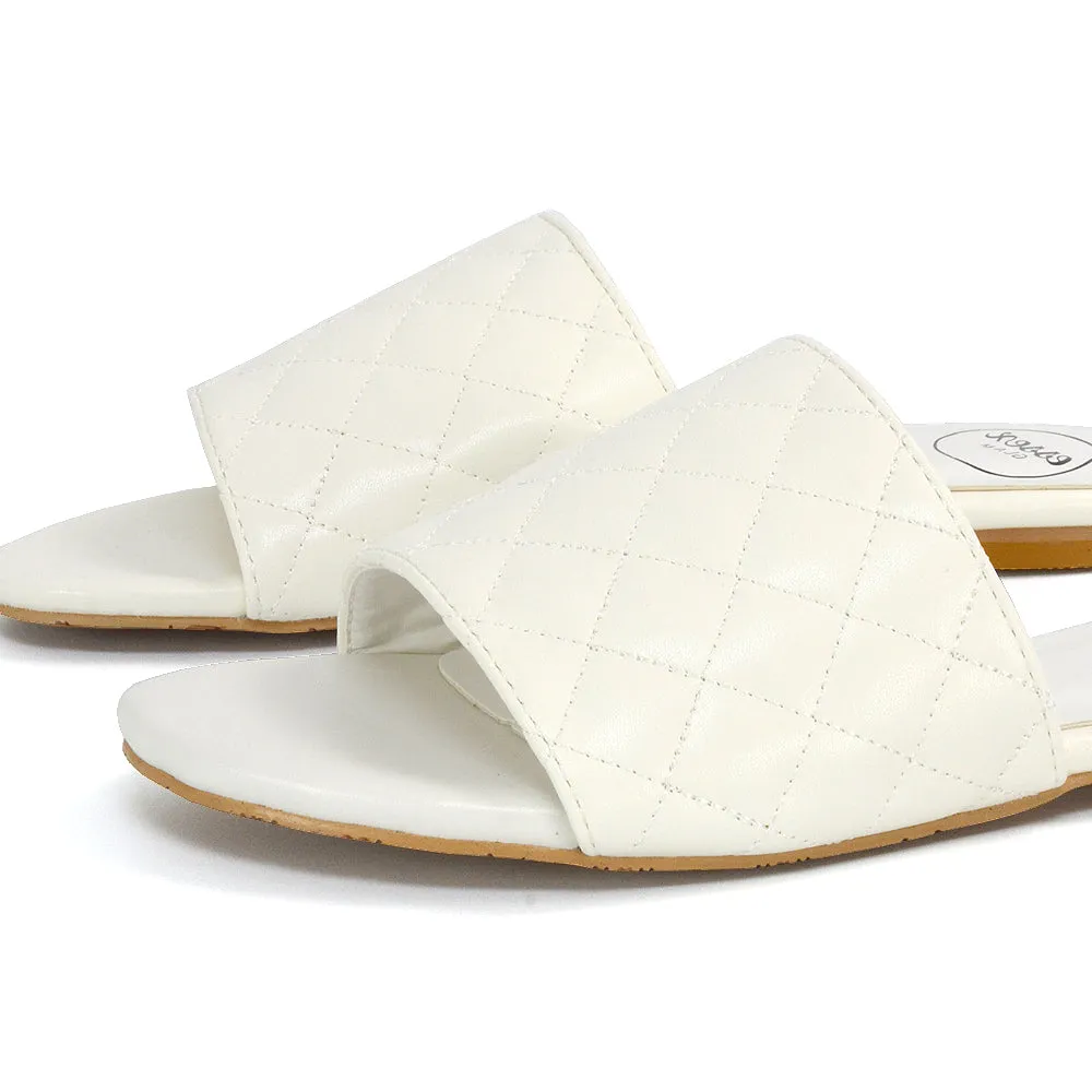 Saylor Quilted Detail Strappy Holiday Sandal Flat Sliders in White Synthetic Leather sold by XYlondon product image thumbnail 5