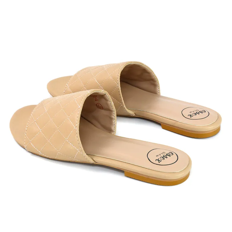 Saylor Quilted Detail Strappy Holiday Sandal Flat Sliders in Nude Synthetic Leather sold by XYlondon