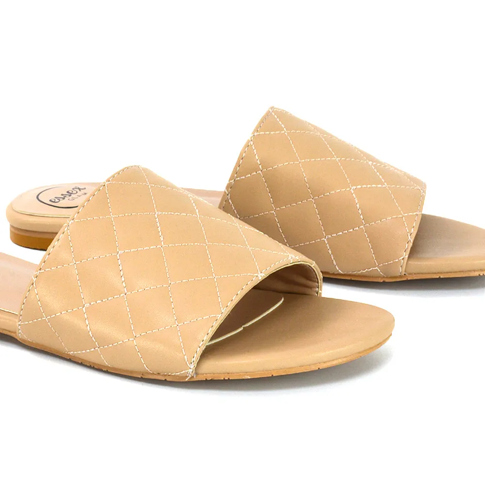 Saylor Quilted Detail Strappy Holiday Sandal Flat Sliders in Nude Synthetic Leather sold by XYlondon product image thumbnail 4