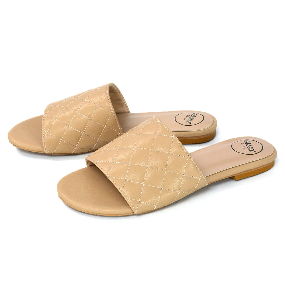 Saylor Quilted Detail Strappy Holiday Sandal Flat Sliders in Nude Synthetic Leather sold by XYlondon product image thumbnail 5