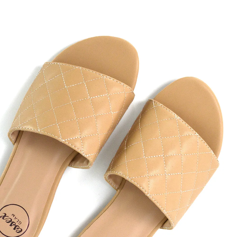 Saylor Quilted Detail Strappy Holiday Sandal Flat Sliders in Nude Synthetic Leather sold by XYlondon product image thumbnail 2