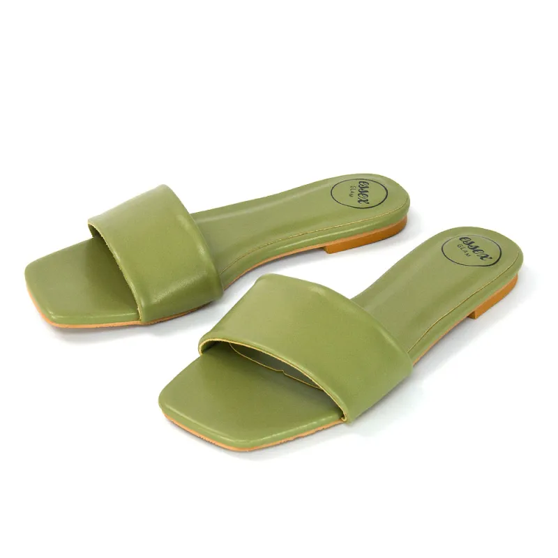 Kenna Flat Mule Strappy Square Toe Sandal Sliders in Green Synthetic Leather sold by XYlondon