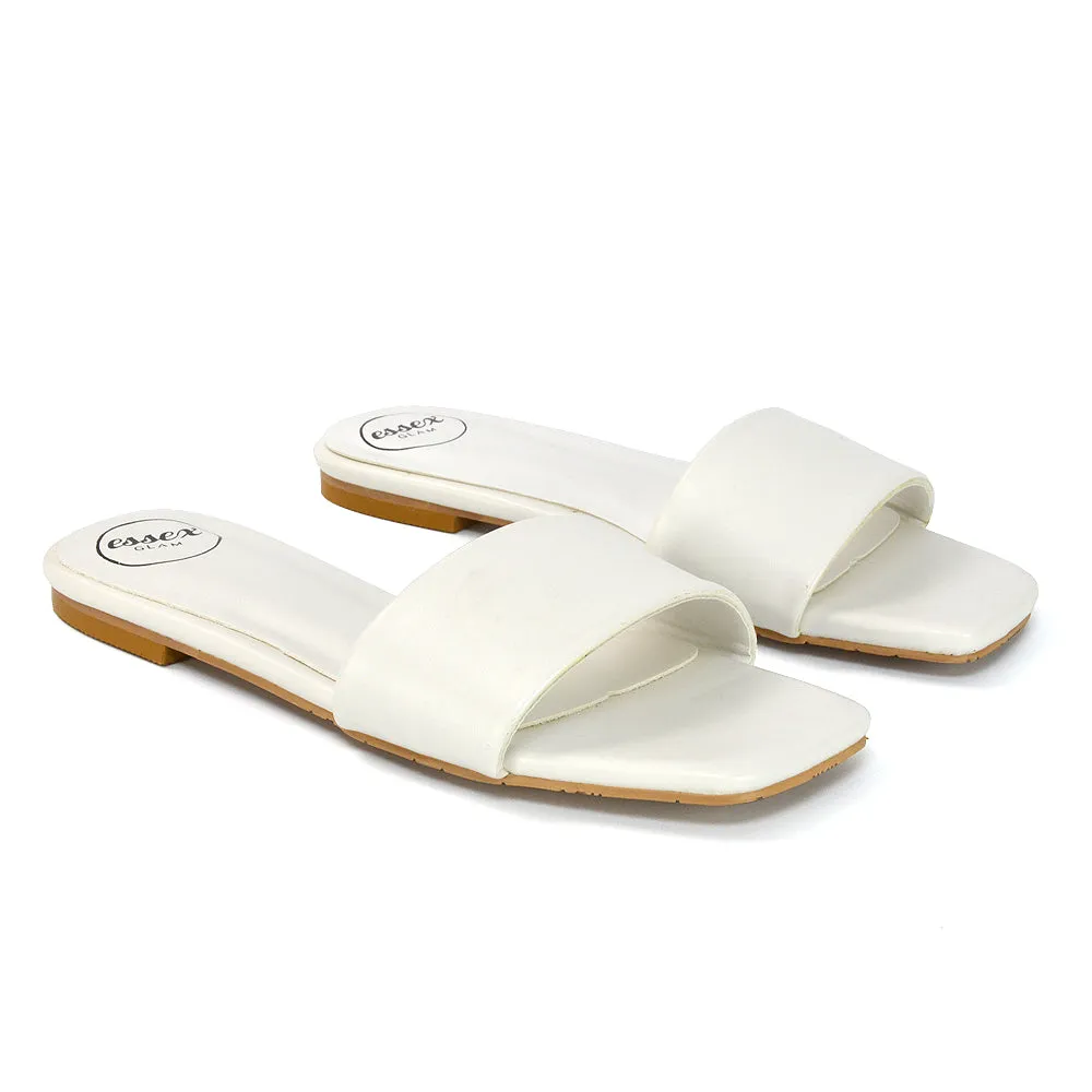Kenna Flat Mule Strappy Square Toe Sandal Sliders in White Synthetic Leather sold by XYlondon