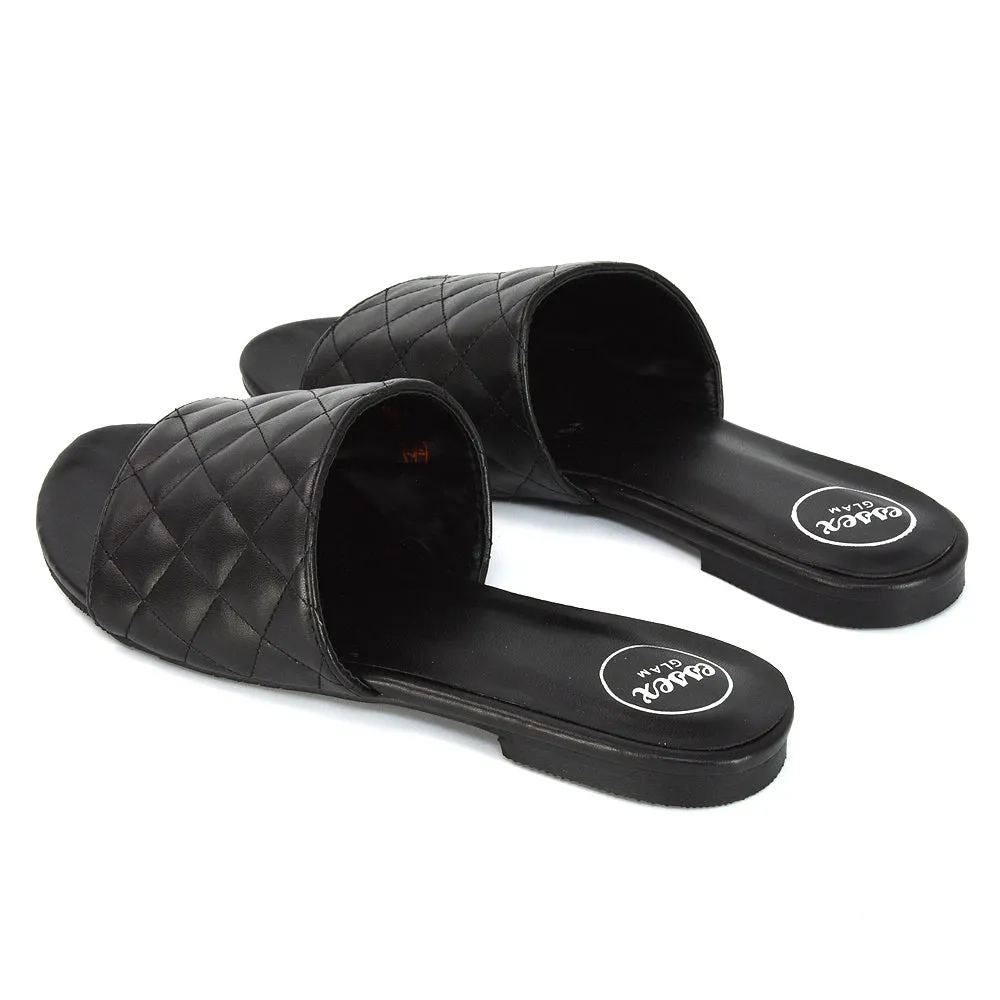 Saylor Quilted Detail Strappy Holiday Sandal Flat Sliders in Black Synthetic Leather sold by XYlondon product image thumbnail 5