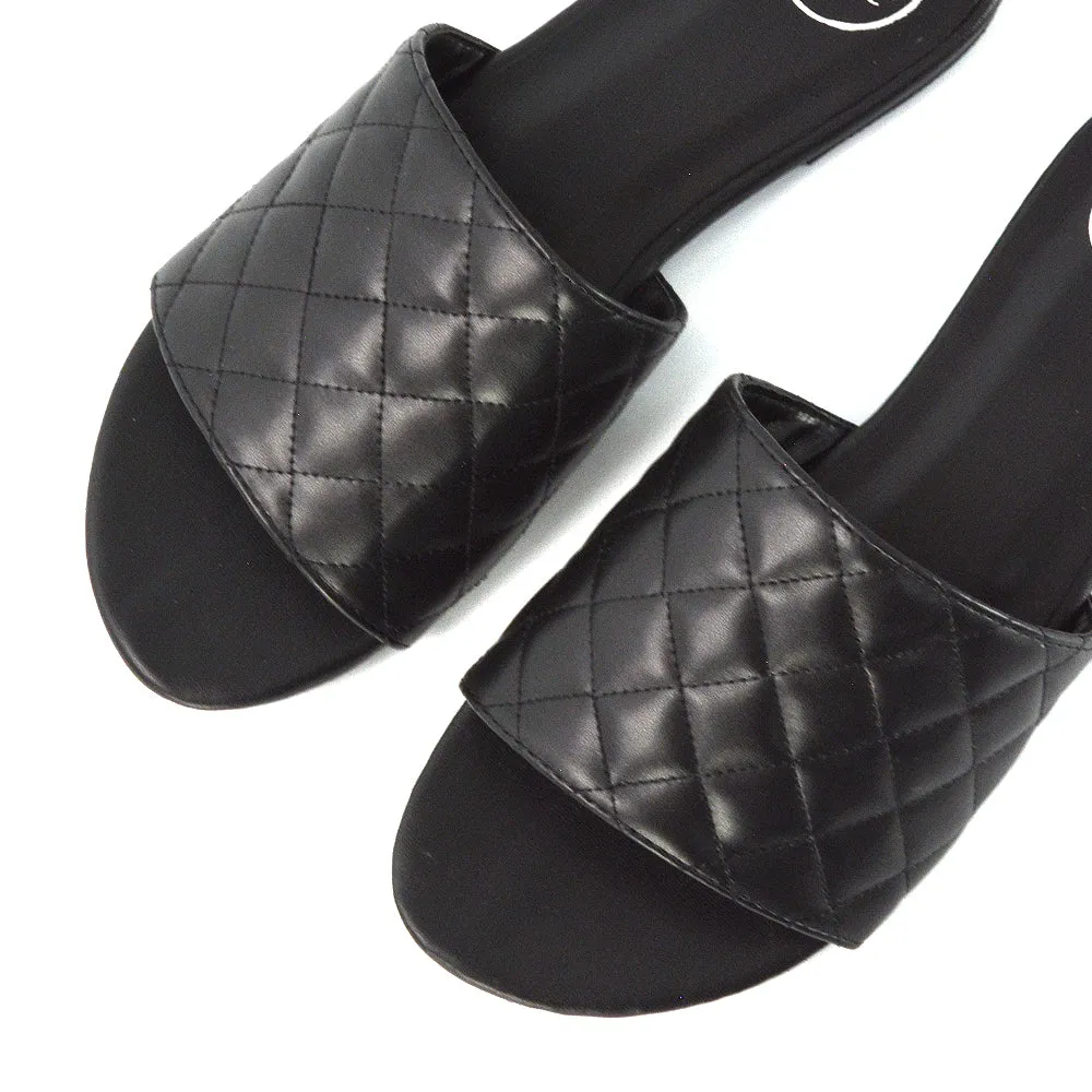 Saylor Quilted Detail Strappy Holiday Sandal Flat Sliders in Black Synthetic Leather sold by XYlondon product image thumbnail 2