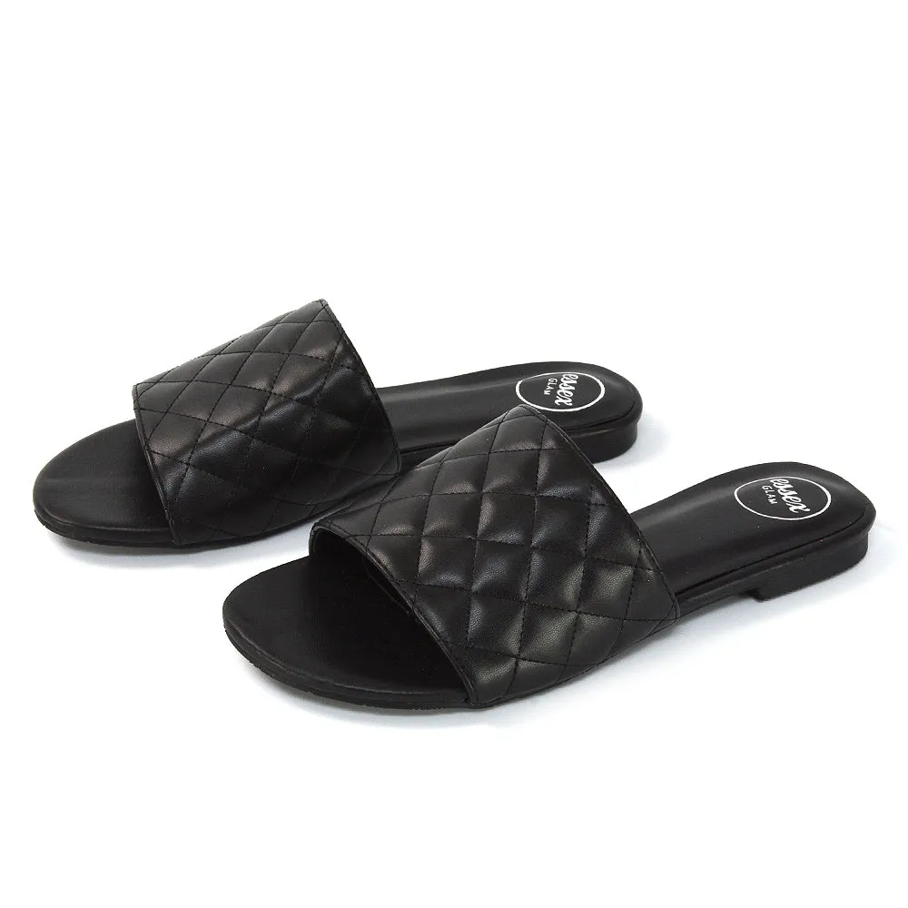Saylor Quilted Detail Strappy Holiday Sandal Flat Sliders in Black Synthetic Leather sold by XYlondon product image thumbnail 4