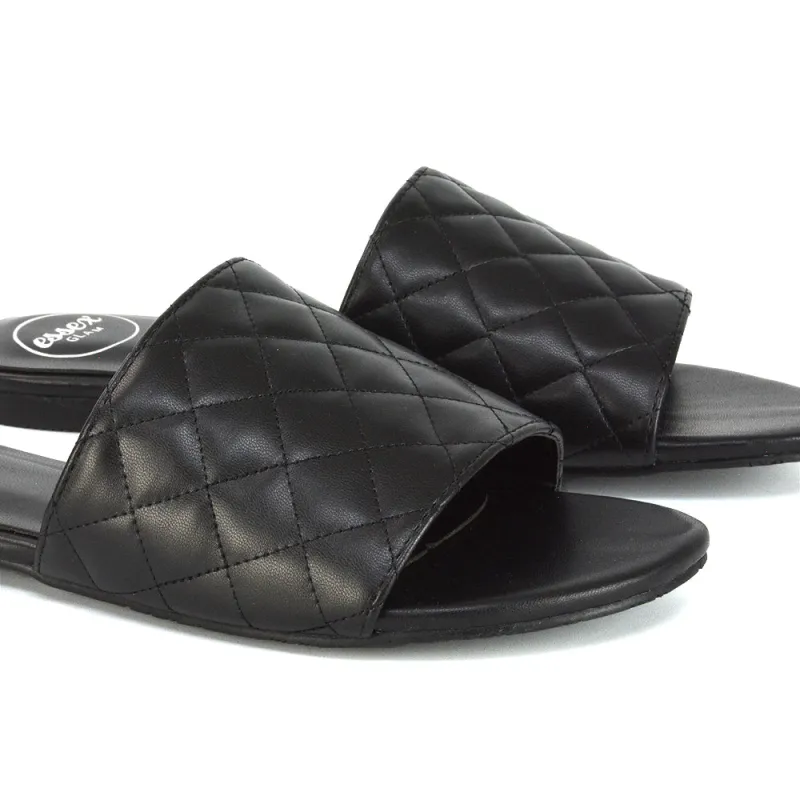 Saylor Quilted Detail Strappy Holiday Sandal Flat Sliders in Black Synthetic Leather sold by XYlondon
