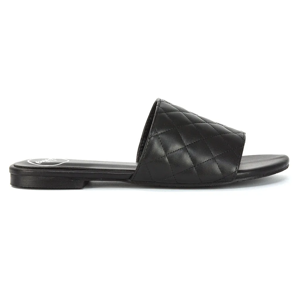 Saylor Quilted Detail Strappy Holiday Sandal Flat Sliders in Black Synthetic Leather sold by XYlondon product image thumbnail 3