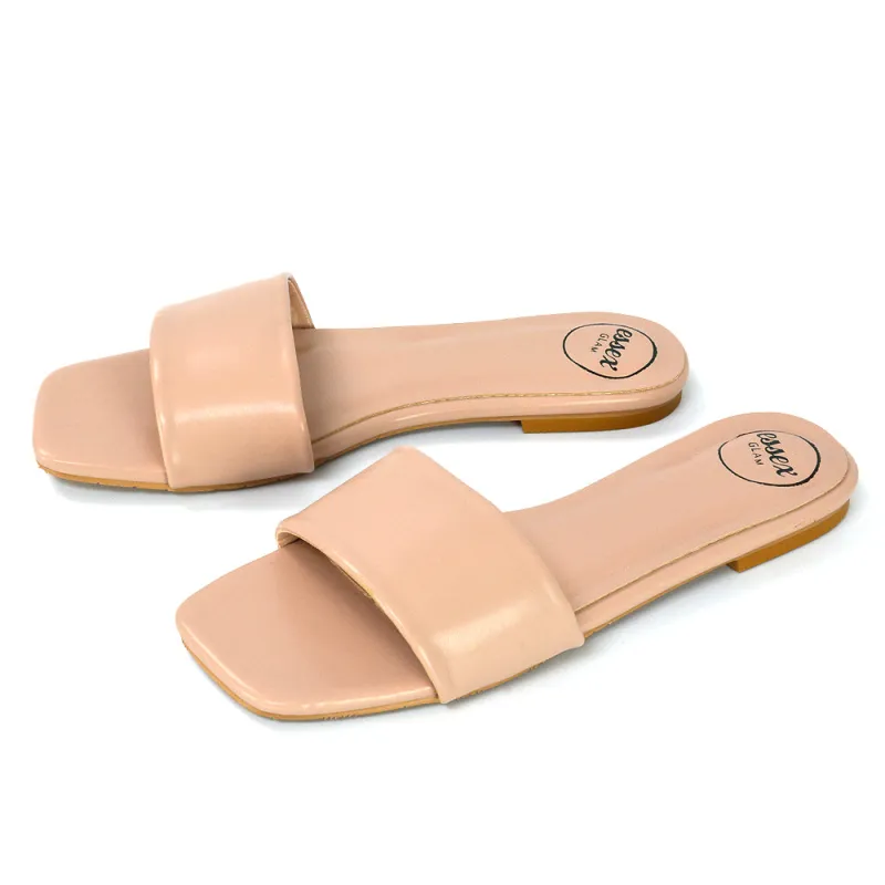 Kenna Flat Mule Strappy Square Toe Sandal Sliders For Summer in Nude Synthetic Leather sold by XYlondon