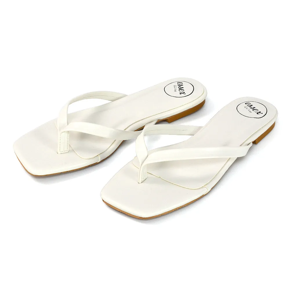 Cody Flat Slip On Square Toe Thong Flip Flop Summer Sandal Slides In White Synthetic Leather sold by XYlondon product image thumbnail 5