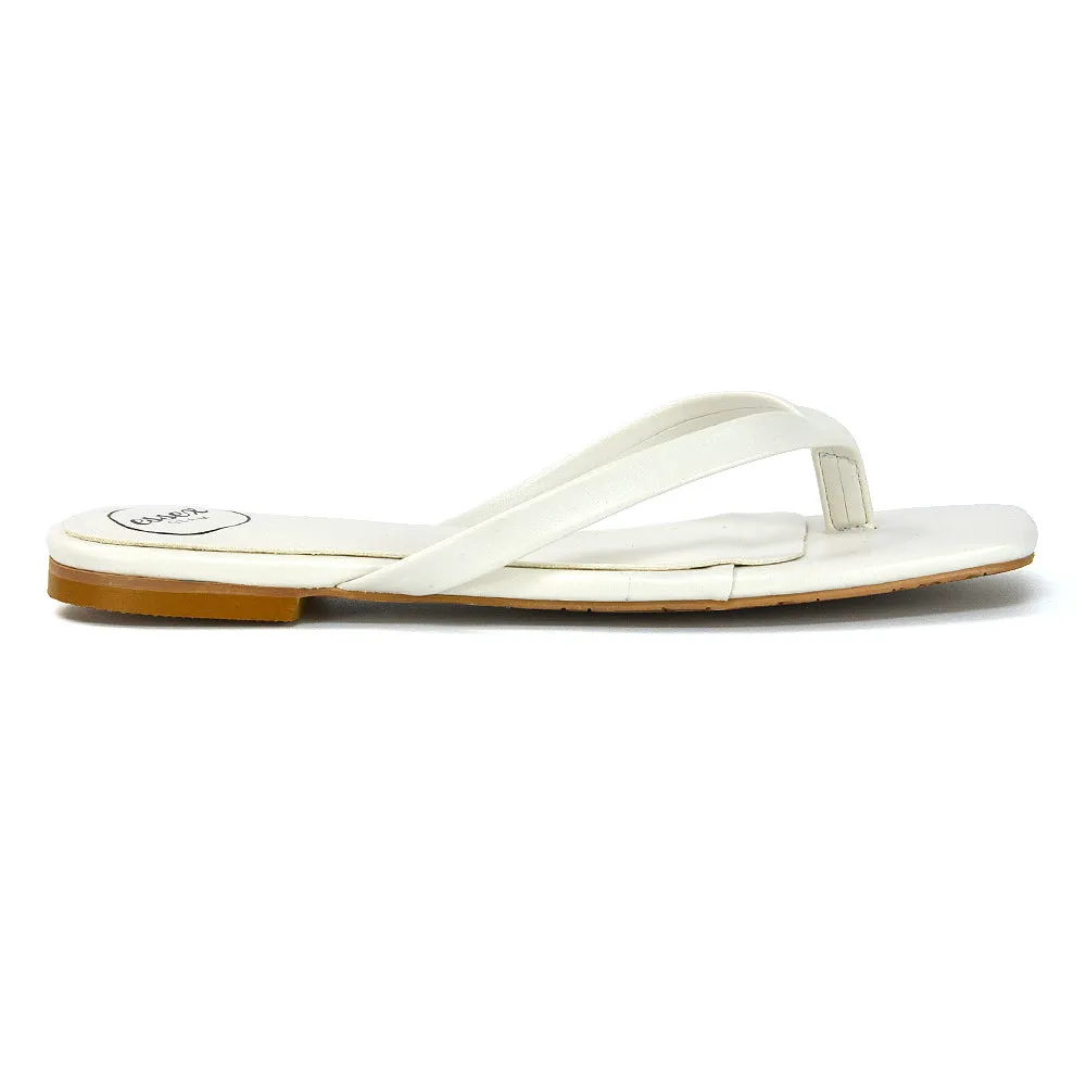 Cody Flat Slip On Square Toe Thong Flip Flop Summer Sandal Slides In White Synthetic Leather sold by XYlondon product image thumbnail 3