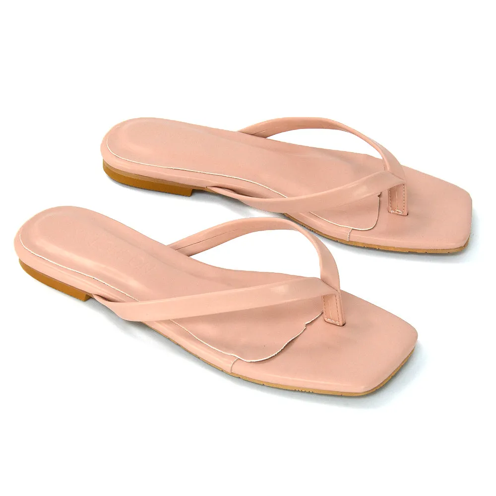 Cody Flat Slip On Square Toe Flip Flop Thong Slide Sandals In Pink Synthetic Leather sold by XYlondon