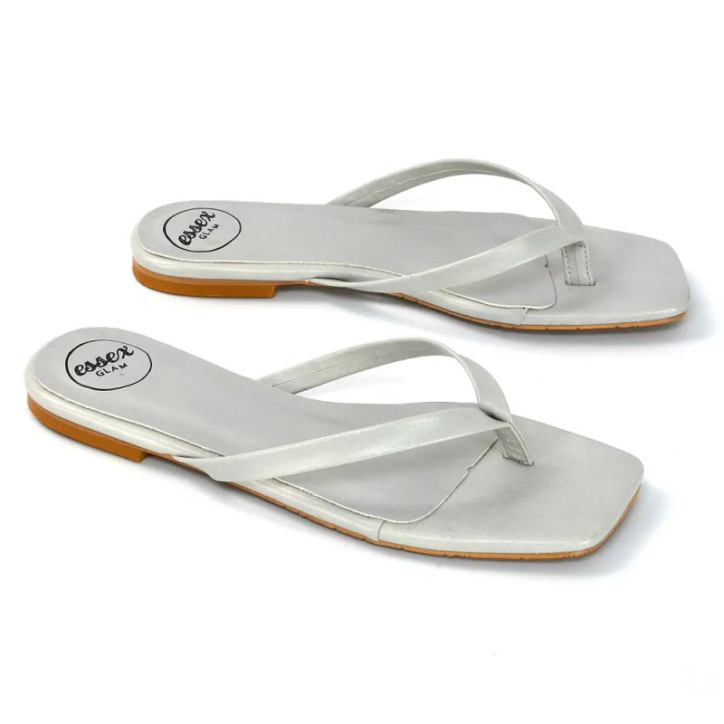 Cody Flat Slip On Square Toe Flip Flop Thong Slide Sandals In Stone Synthetic Leather sold by XYlondon